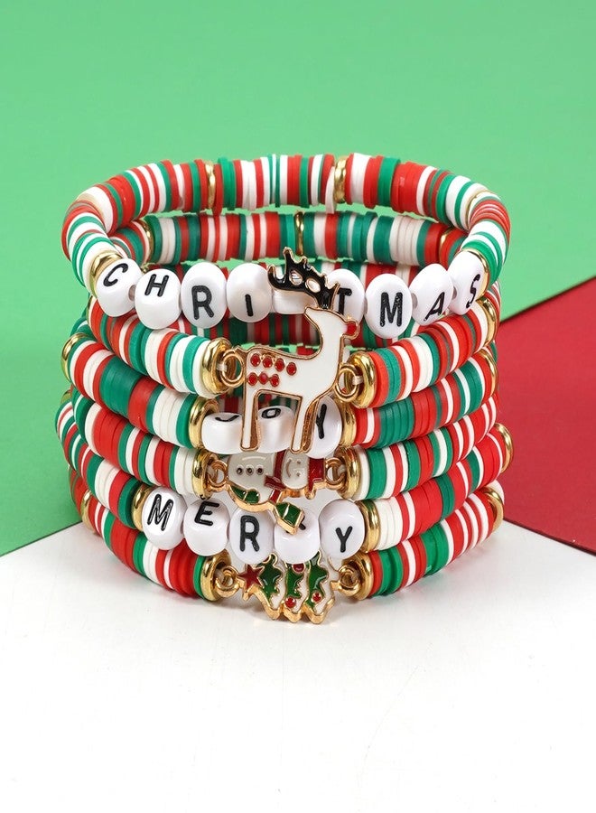 Lonext 6pcs Christmas Bracelets for Women Polymer Clay Stackable Stretch XMAS Gift Beaded Bracelets - Image 3